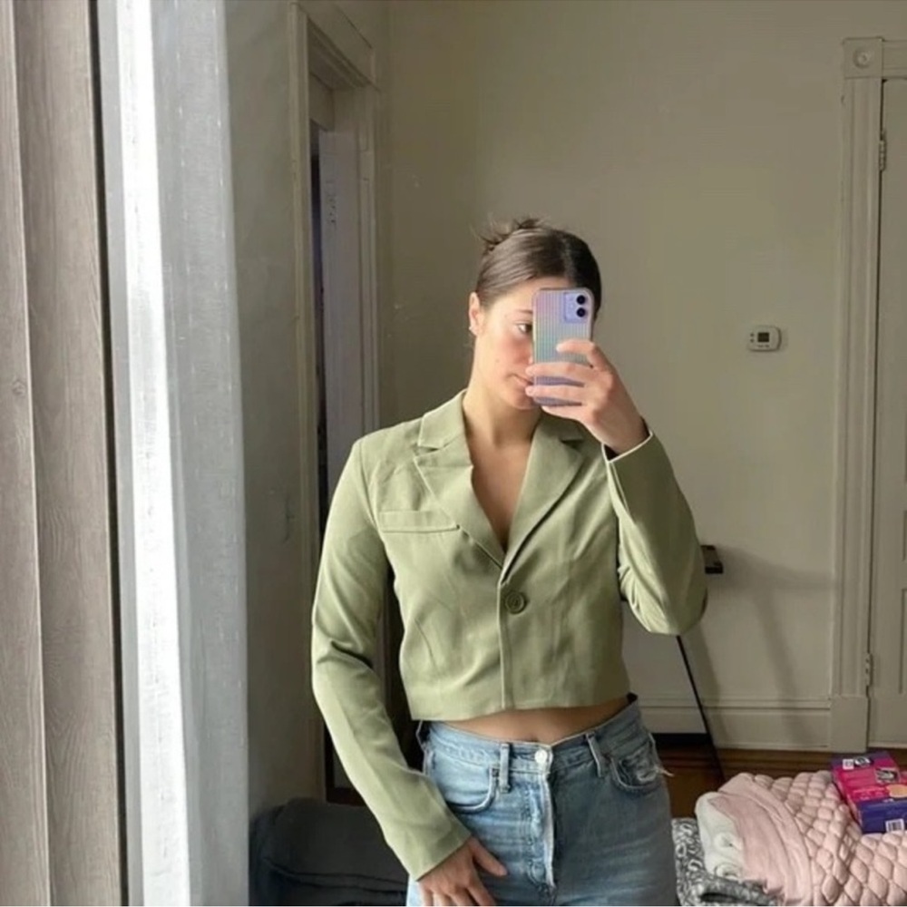 7 For All Mankind Cropped Olive Green Blazer